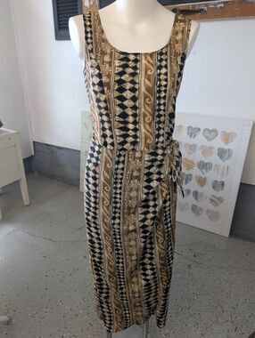 Vintage Jay Jacob's Sleeveless Geometric Print Midi Dress in Black Brown Size S
